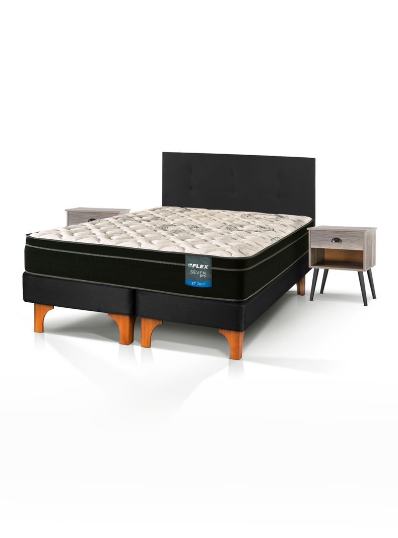 Cama Europea Seven Pro 2 Plazas + Respaldo Royal + Velador Rock