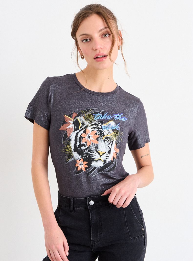 Polera Estampada Tigre Detalle Metalizado