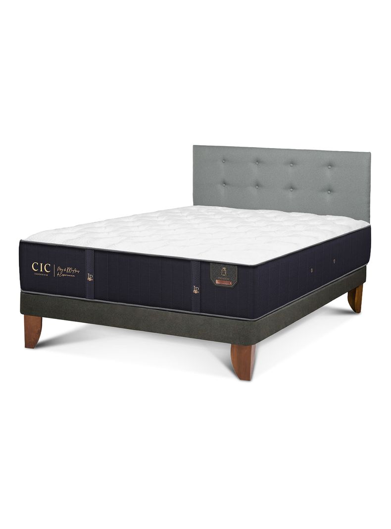 Cama Europea Premium Full Base Normal + Respaldo Gris Tapizado