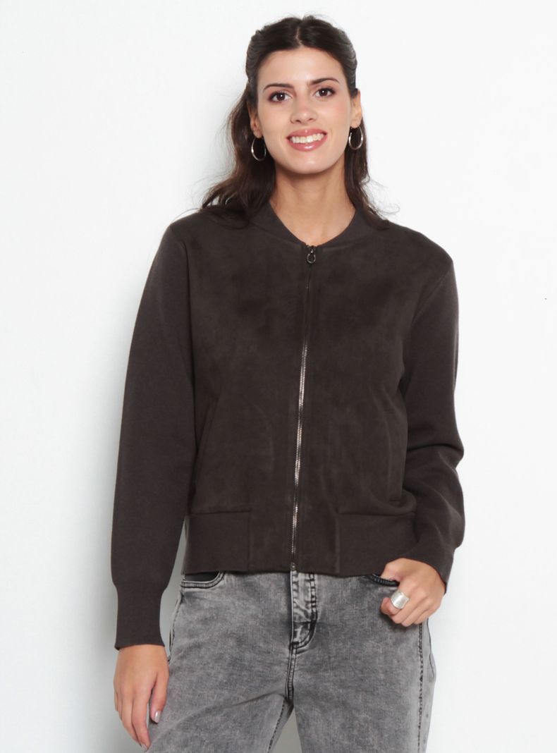 Chaqueta Suede Manga Larga Tejida con Cierre en Delantero