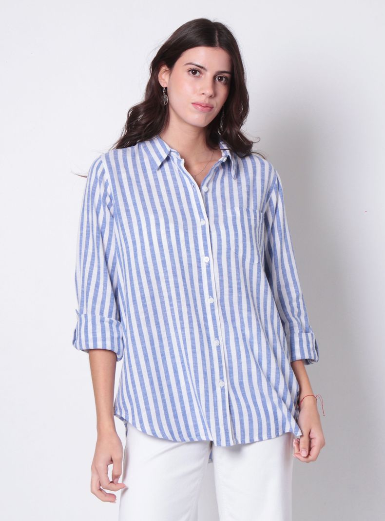 Blusa Manga 3/4 Listada Abotonada Regular