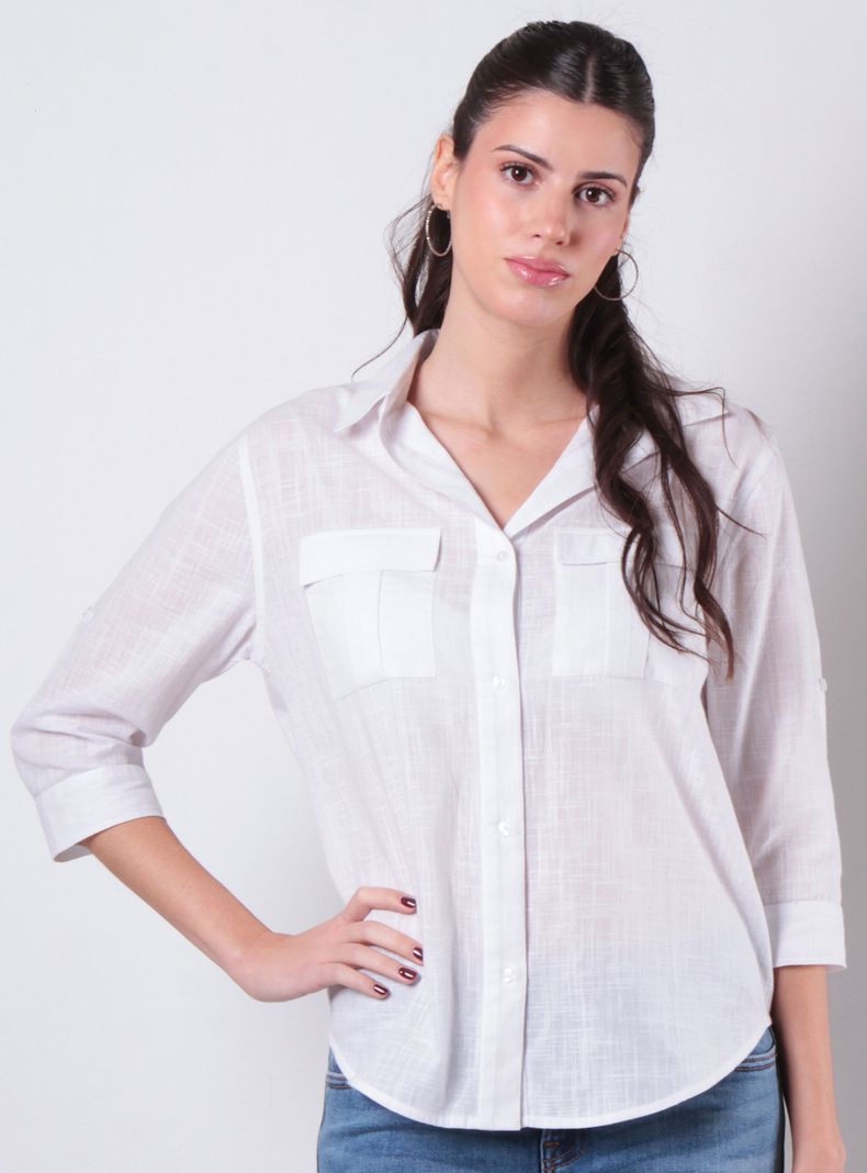 Blusa Manga 3/4 Abotonada en Delantero Bolsillos