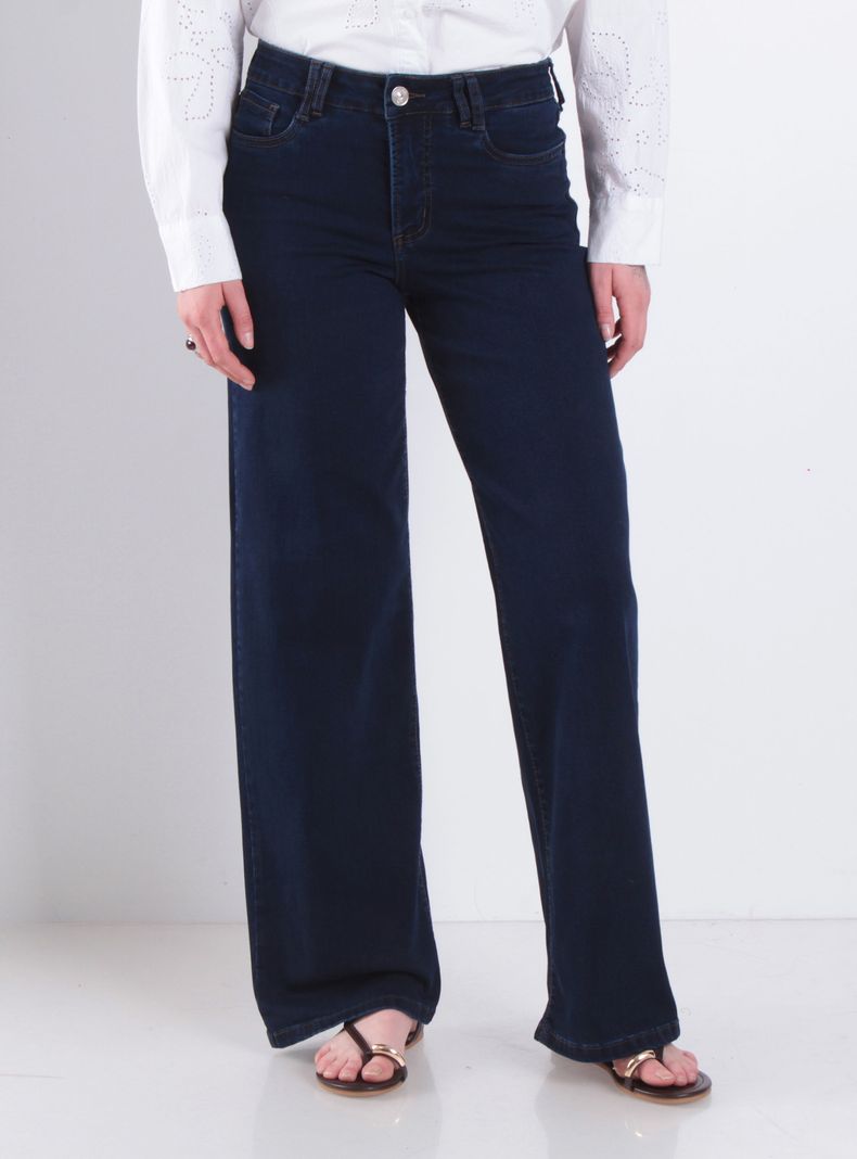 Jeans Wide Leg Tiro Alto Pretina Básica Botón
