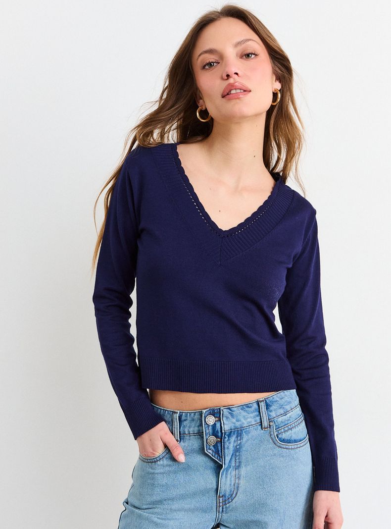 Sweater Liso Cuello V Manga Larga Regular