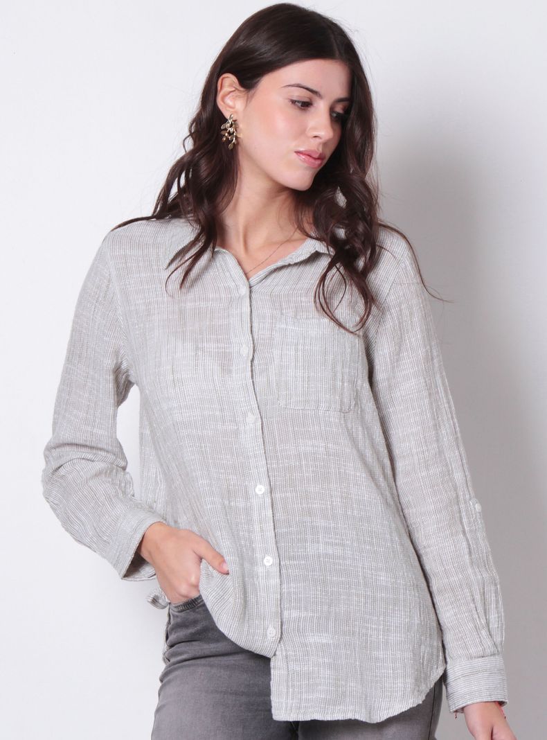 Blusa Manga Larga Abotonada en Delantero con Bolsillo