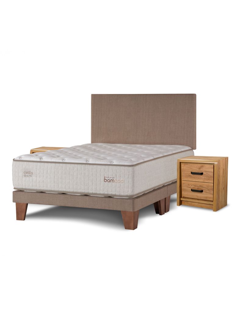 Cama Europea Naturals Bamboo Súper King + Respaldo Liso Arena+ Veladores Concept