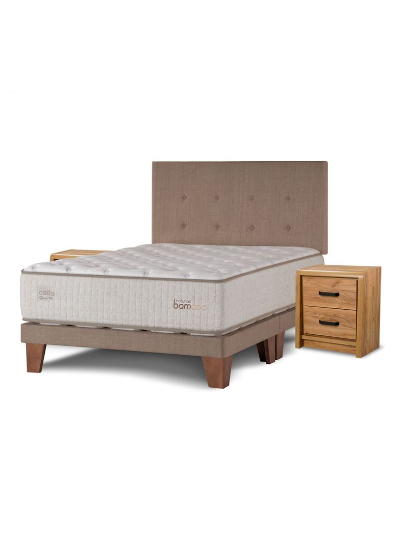 Cama Europea Naturals Bamboo King + Respaldo Botones Arena + Veladores Concert