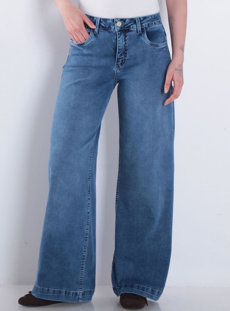 Jeans Wide Tiro Bajo Pretina Básica Katy 1 Botón