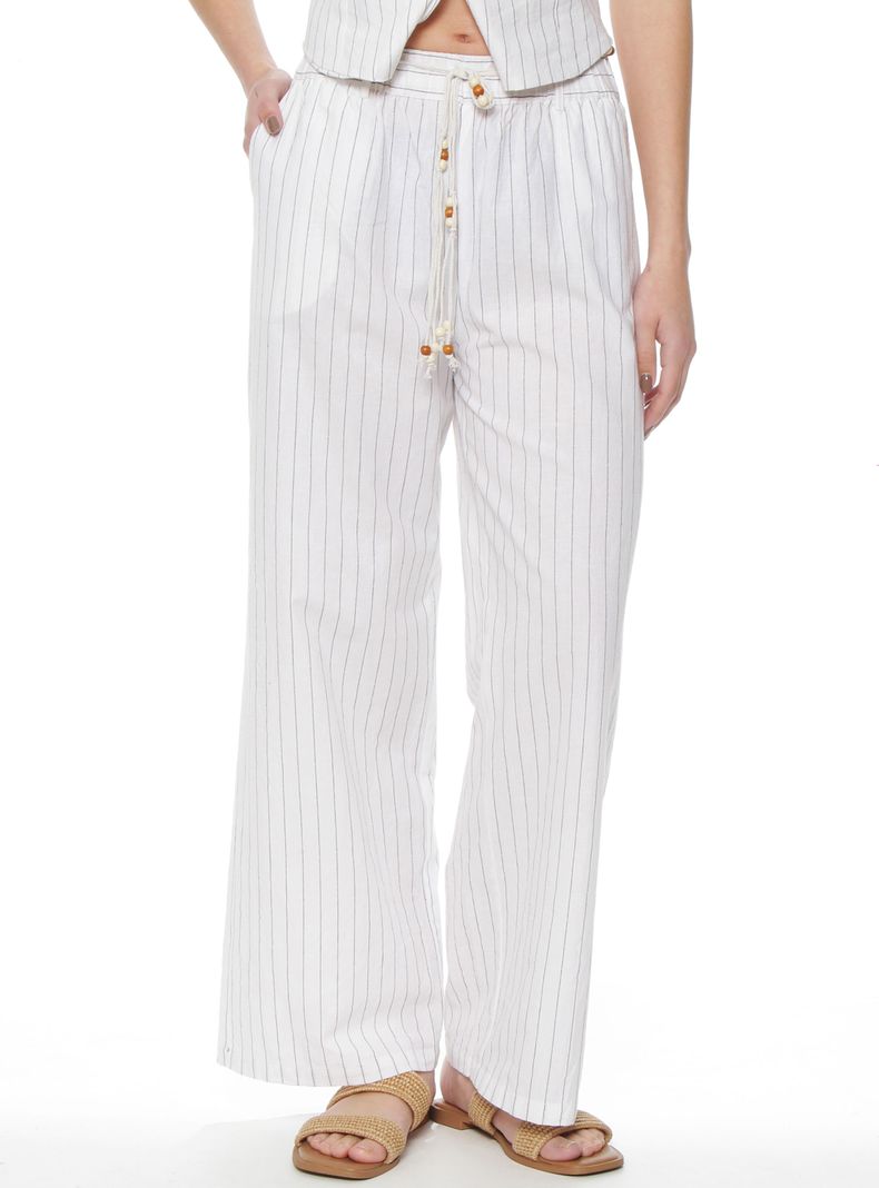Pantalón Wide Leg Lino Listado con Cintura Elasticada