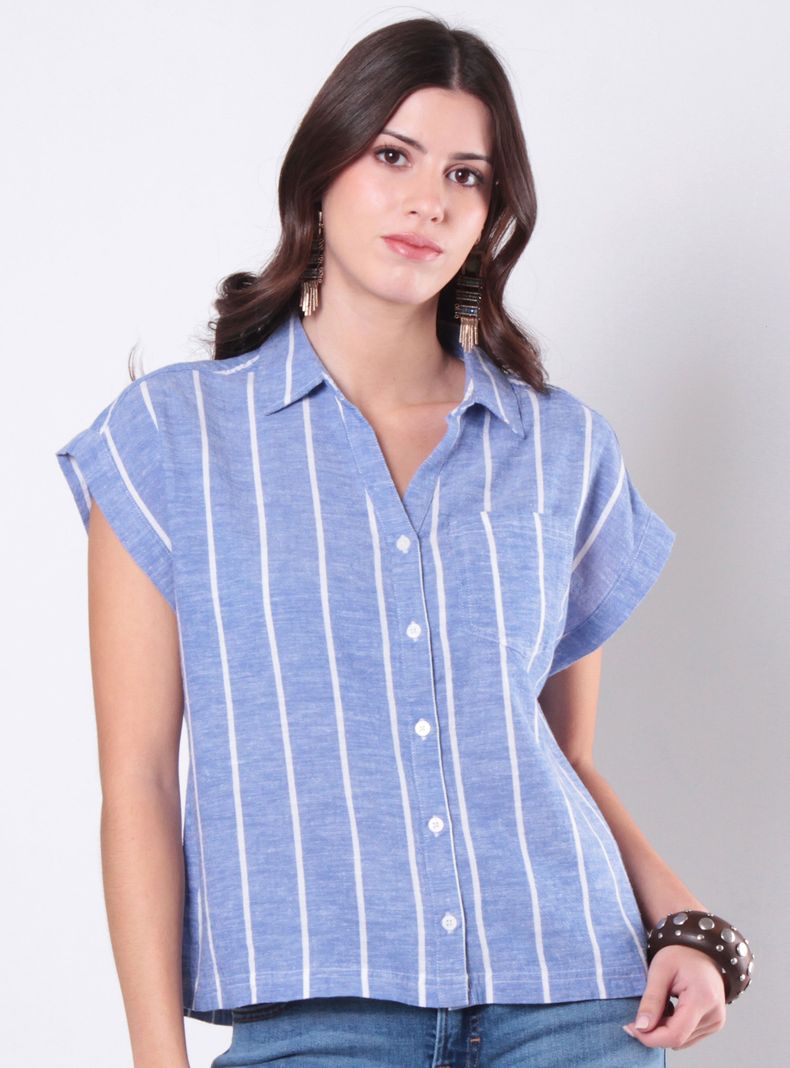 Blusa Manga Corta Listado Botones y Bolsillo