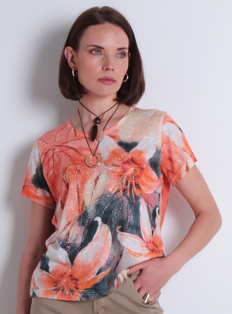 Polera Manga Corta Sublimado con Strass Escote Redondo