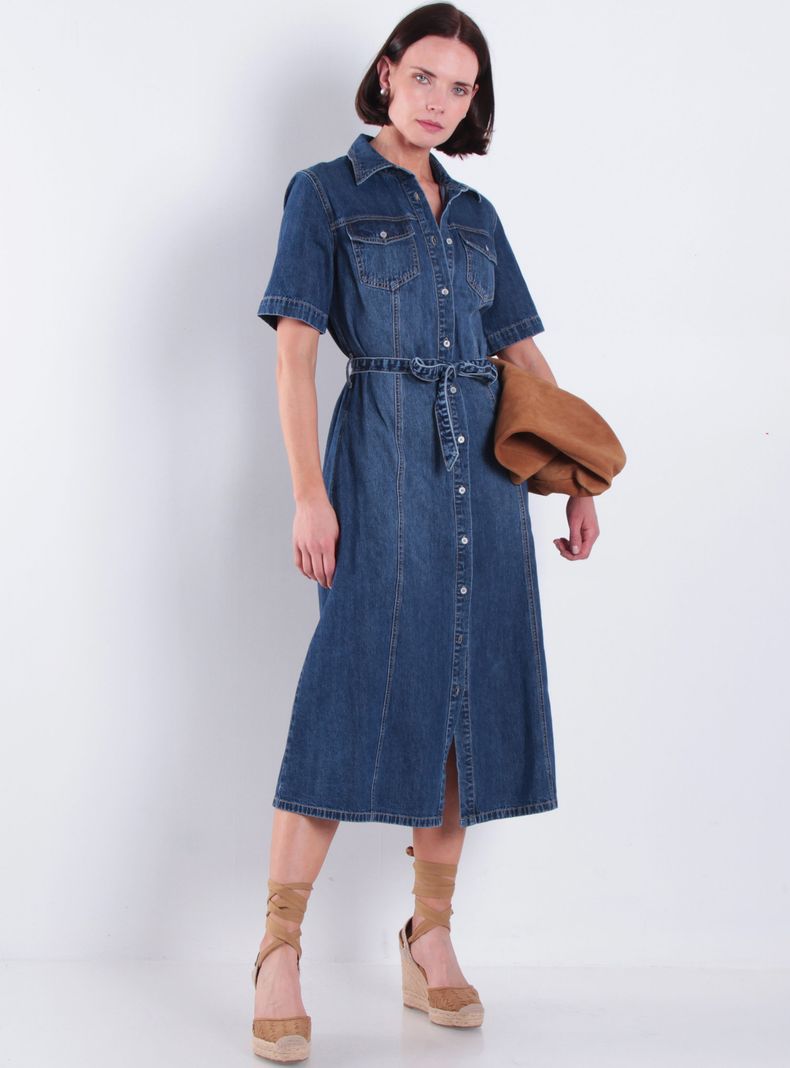 Vestido Manga Corta Denim Abotonado en Delantero