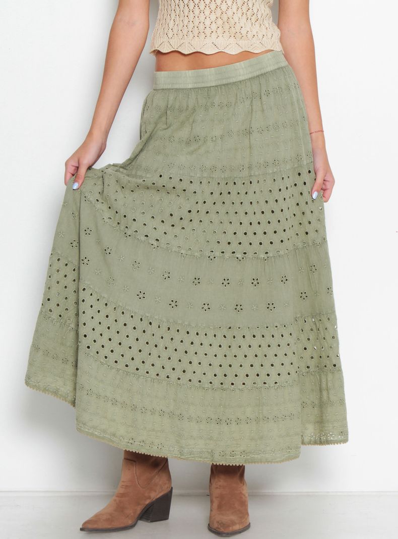 Falda Larga Brodery con Corte Cintura Elasticada
