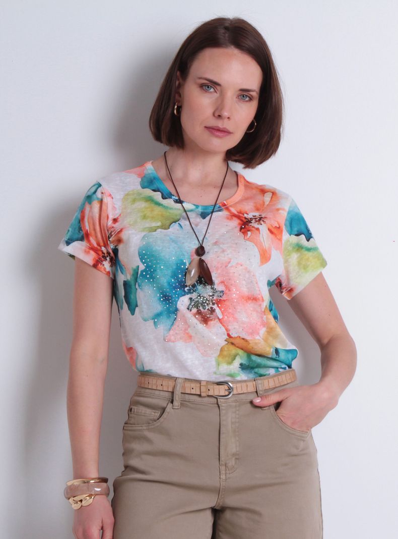 Polera Sublimada con Strass Manga Corta Escote Redondo