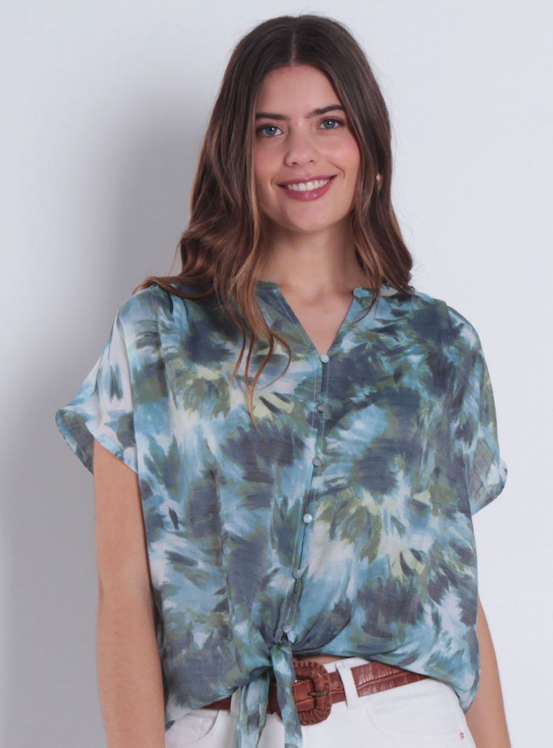 Blusa Manga Corta Cuello Mao Escote V Amarrada en Ruedo