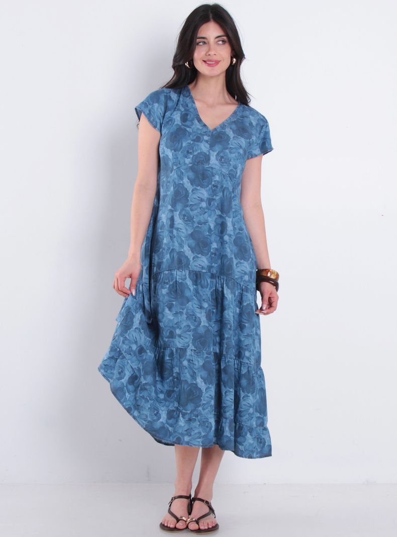 Vestido Manga Corta Tencel Estampado Escote V