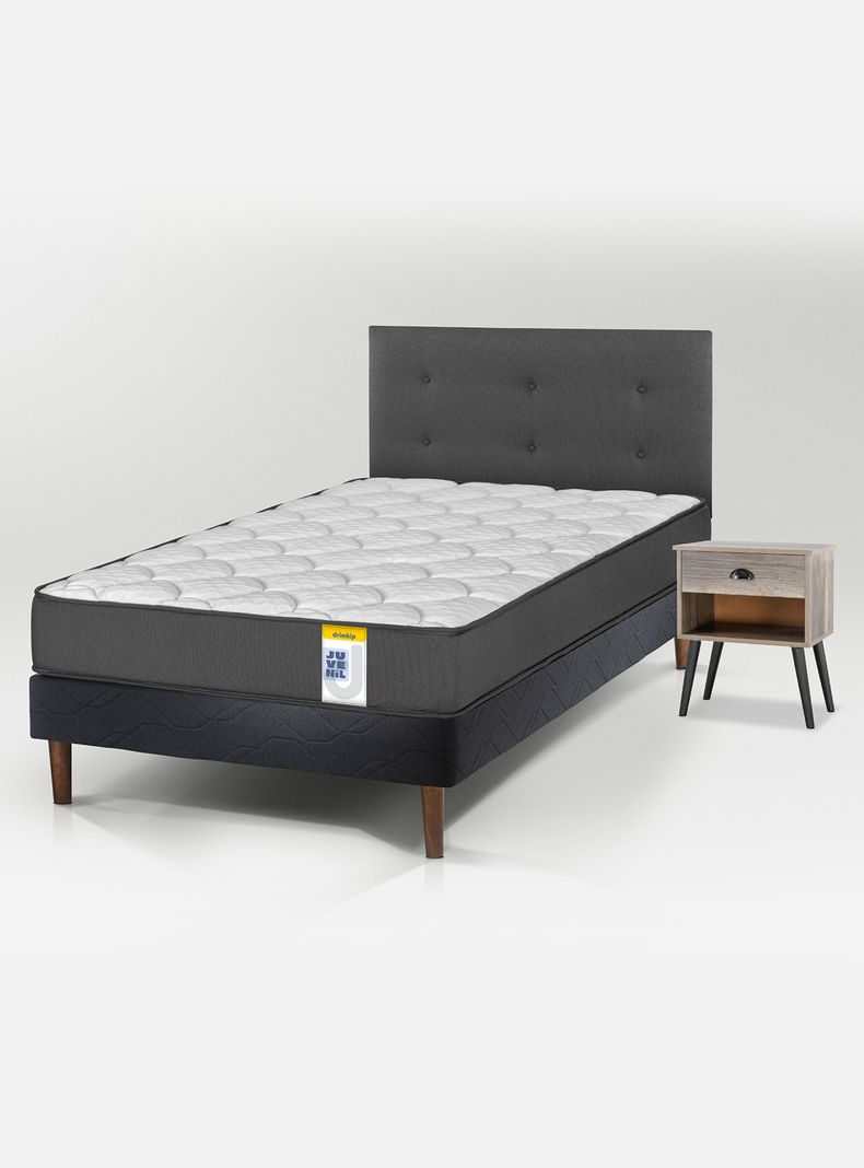 Cama Europea Juvenil 1.5 Plazas Box + Respaldo Royal + Velador Rock
