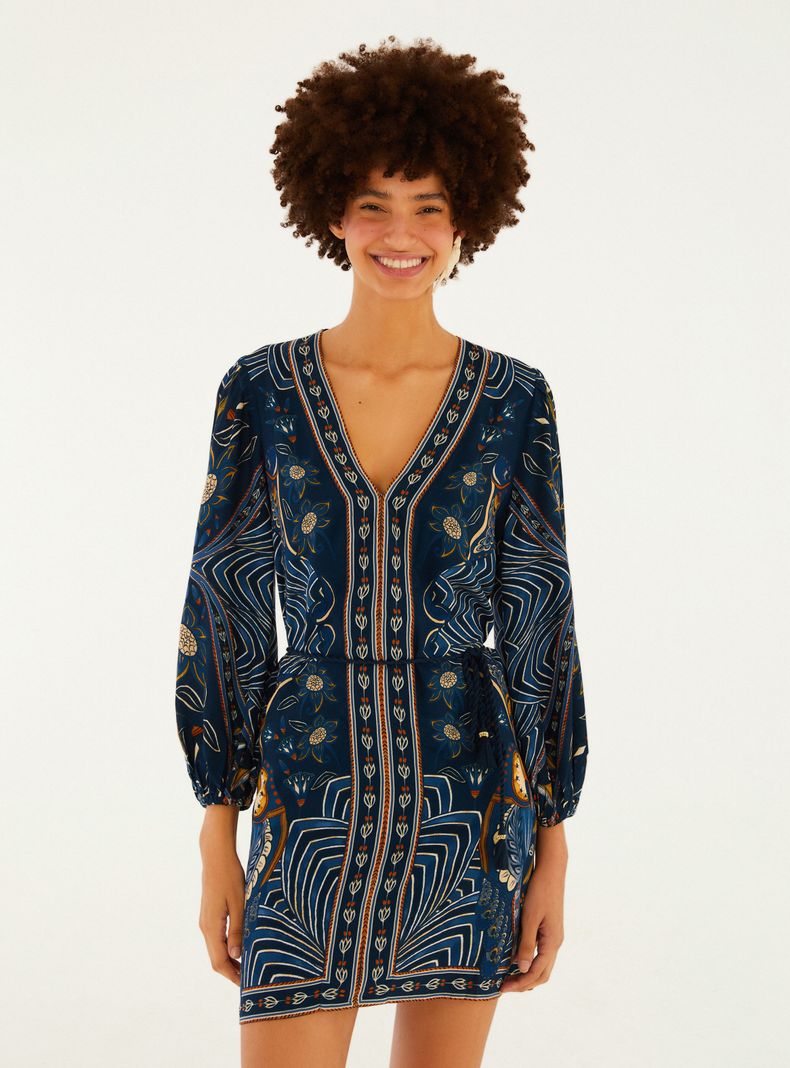 Vestido Corto Manga Aglobadas Estampado Índigo Bohemio