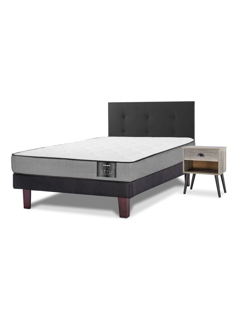 Cama Europea Star 1.5 Plazas x 200 cm + Repaldo Royal + Velador Rock