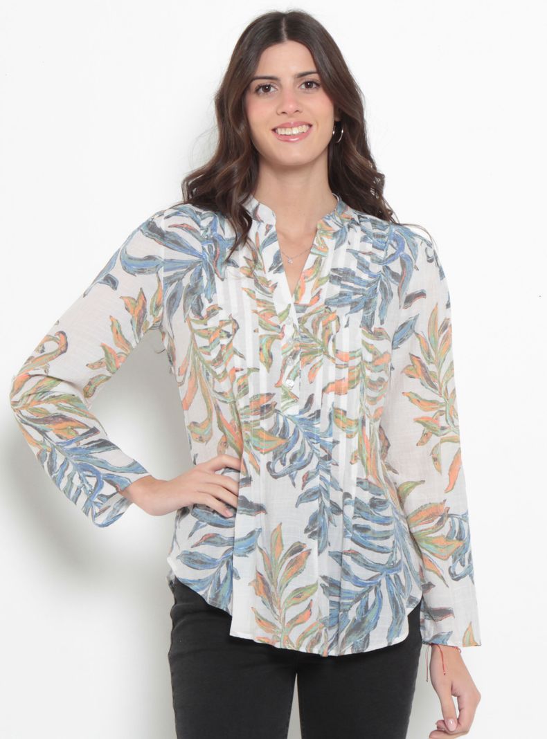 Blusa Manga Larga Estampada Escote V Abotonada en Delantero