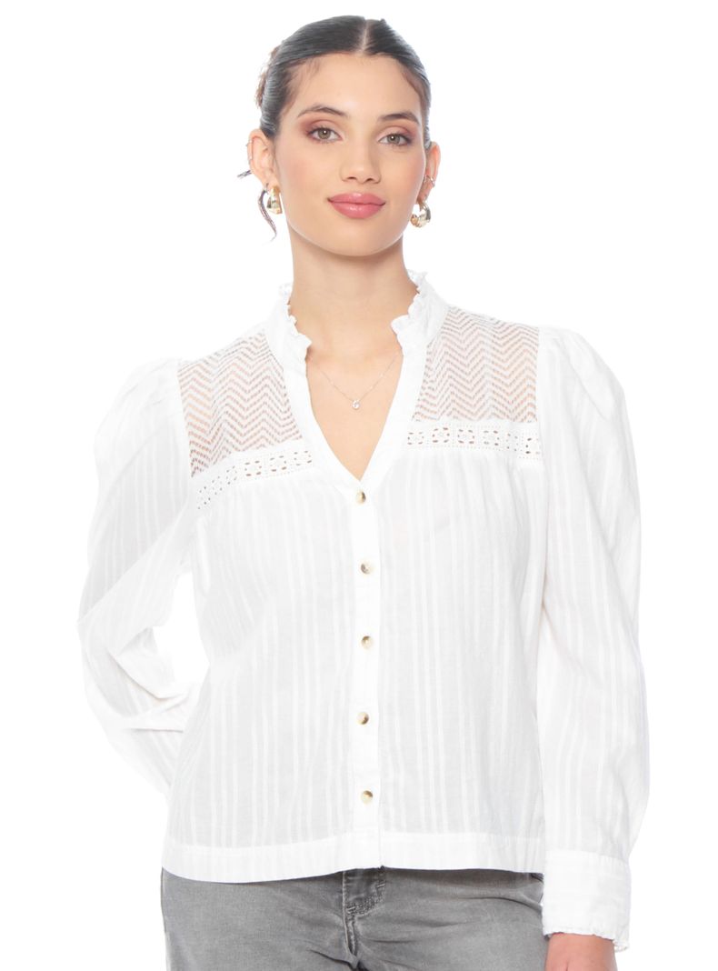 Blusa Manga Larga Brodery Abotonada Aplicación