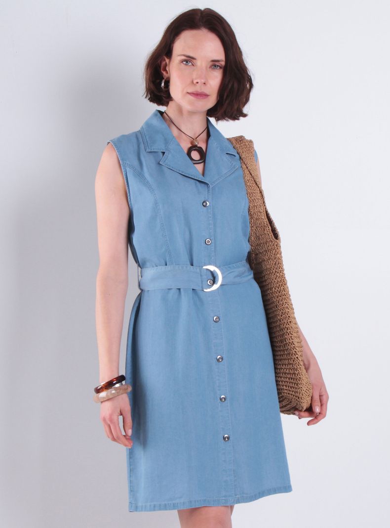 Vestido sin Manga Liocell con Lazo en Cintura