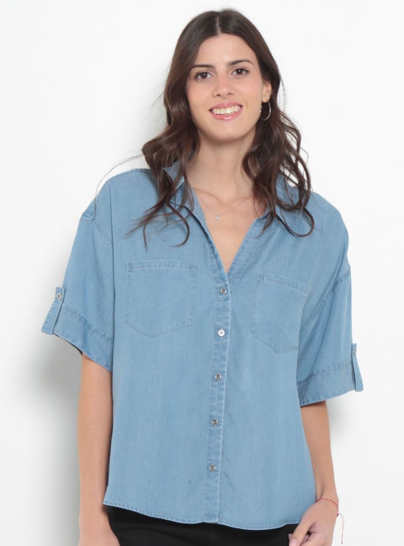 Blusa Lyocell Manga Corta con Bolsillo Escote V