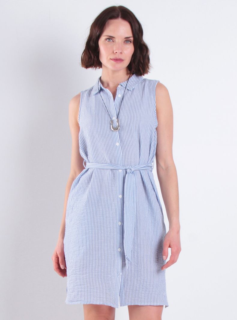 Vestido sin Manga Listado con Lazo en Cintura