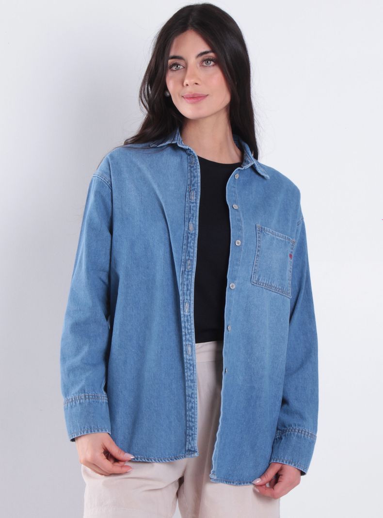 Blusa Denim Manga Larga Abotonada en Delantero con Bolsillo