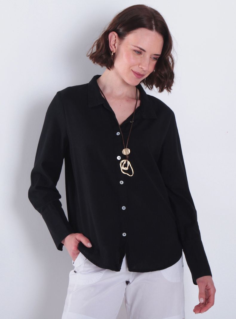 Blusa Manga Larga Lino Sólido Abotonada