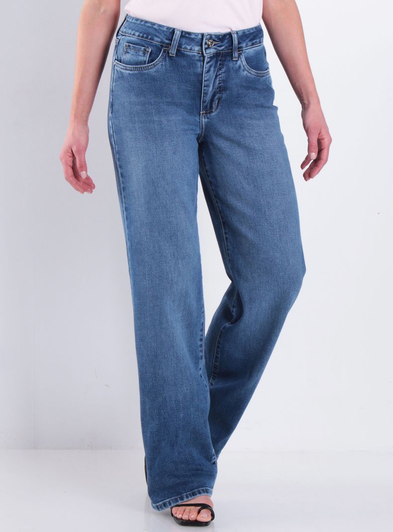 Jeans Wide Tiro Alto Pretina Básica Botón