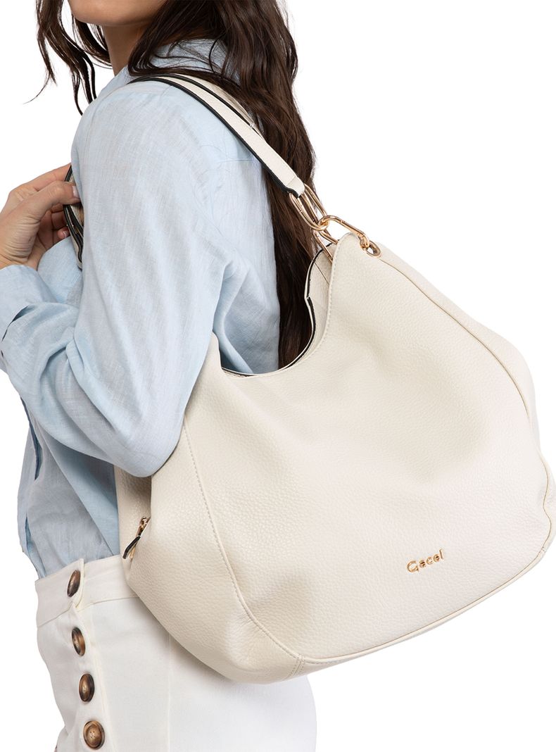Cartera de Hombro Dos Asas Sintético Off White Grande