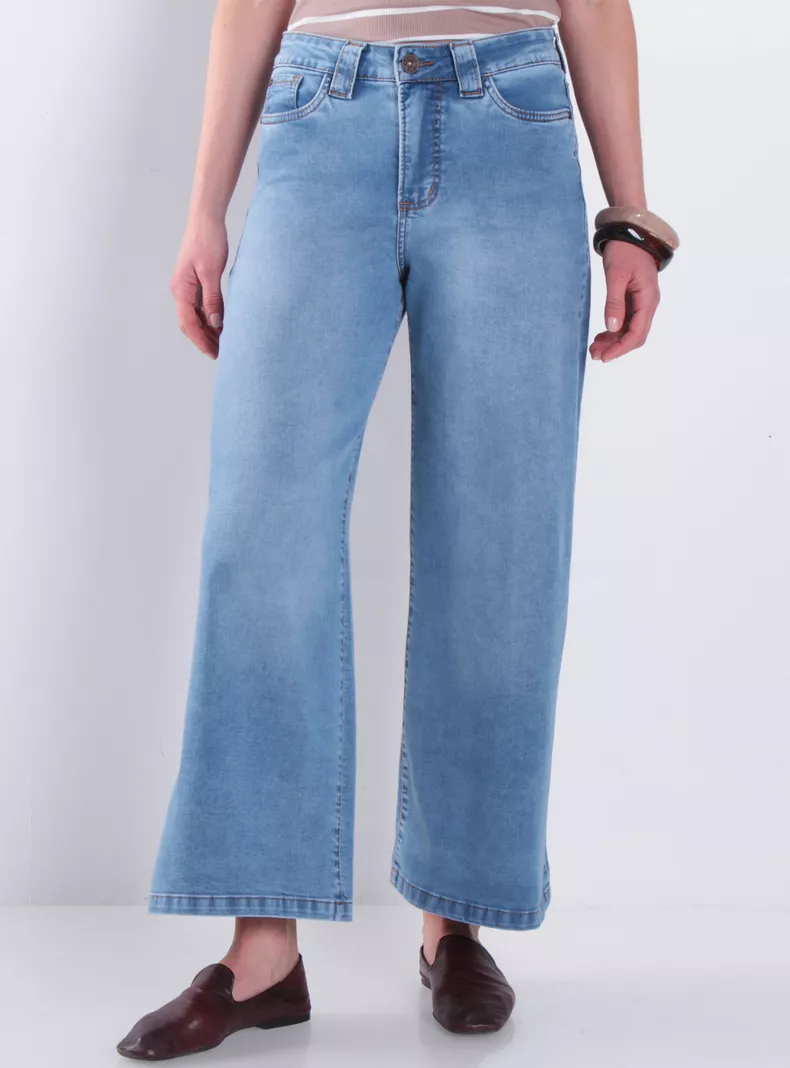 Jeans Cropped Wide Leg Tiro Alto