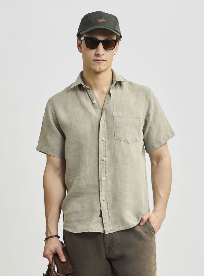 Camisa Lisa Sport Houston Manga Corta Lino Vintage