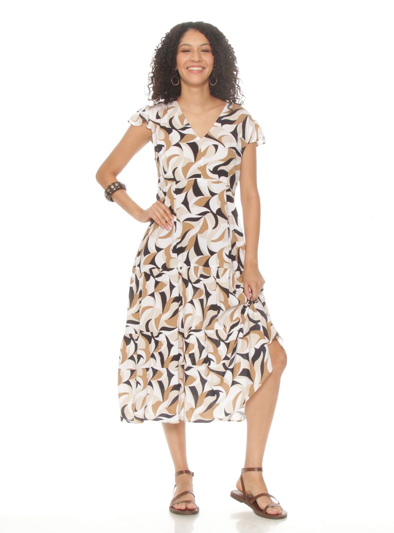 Vestido Estampado Escote V con Corte en Cintura