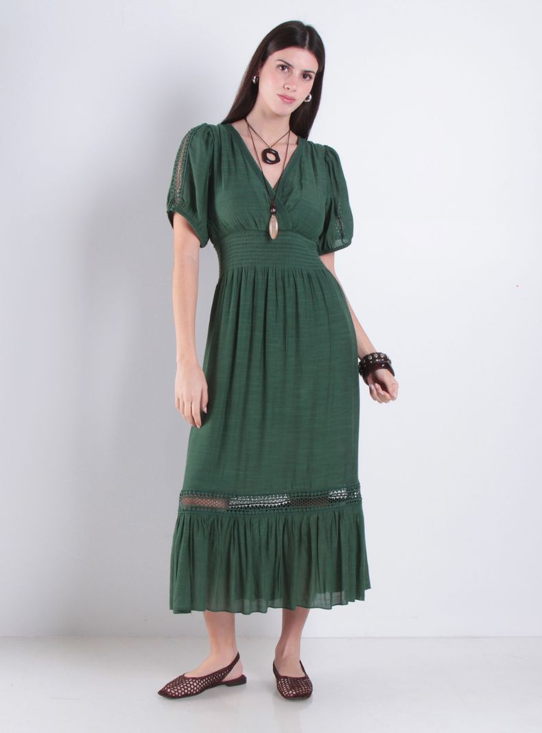 Vestido Manga Corta con Cintura Elasticada Escote V