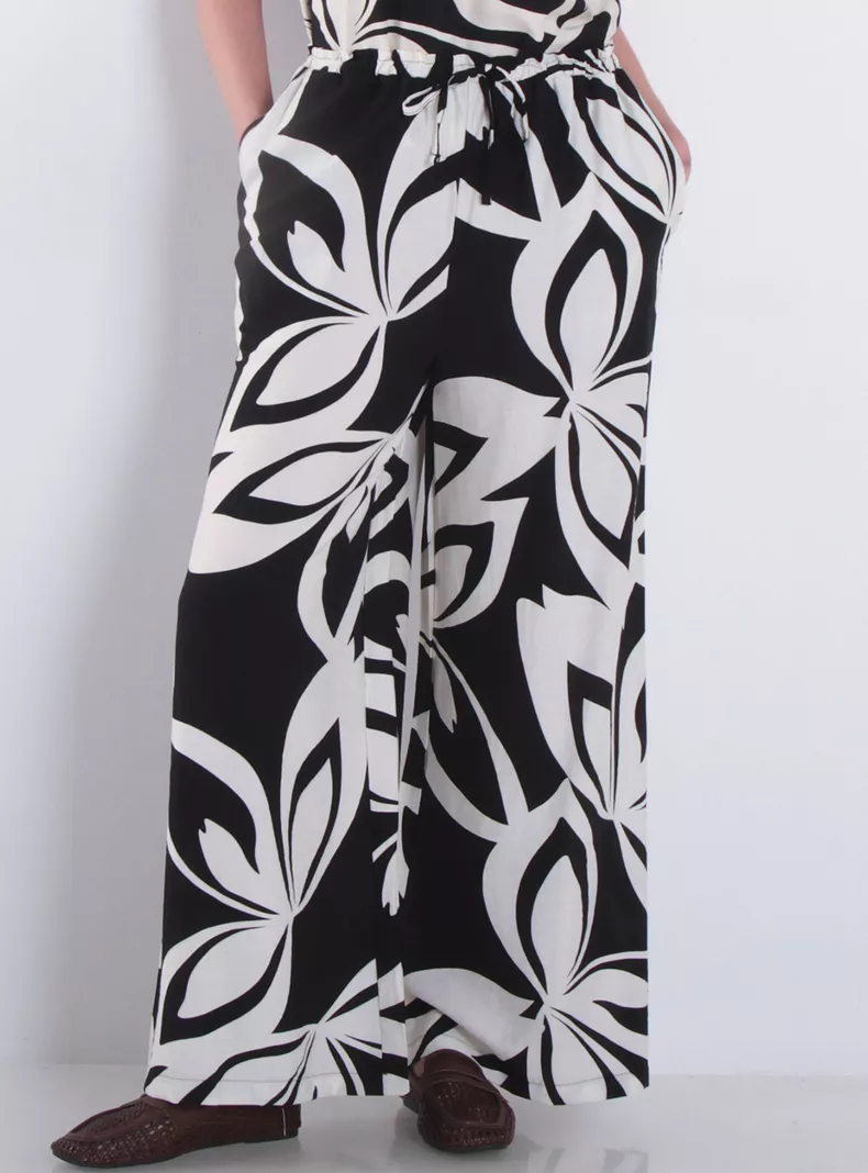 Pantalón Estampado Wide Leg Tiro Alto Pretina Media Elasticada