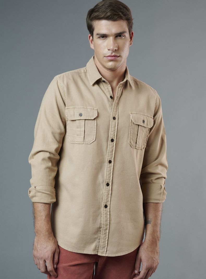 Camisa Lisa Botón Bolsillos