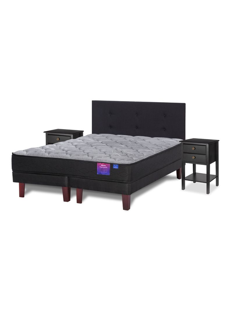 Cama Europea Therapedic Plus King Flex + Respaldo Royal Negro + 2 Veladores Rock