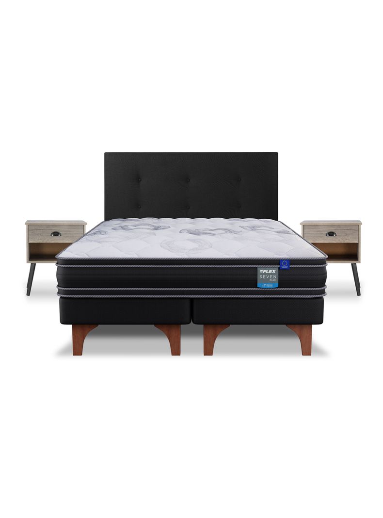 Cama Europea Seven Plus King + Respaldo Royal Negro + Velador Rock-2
