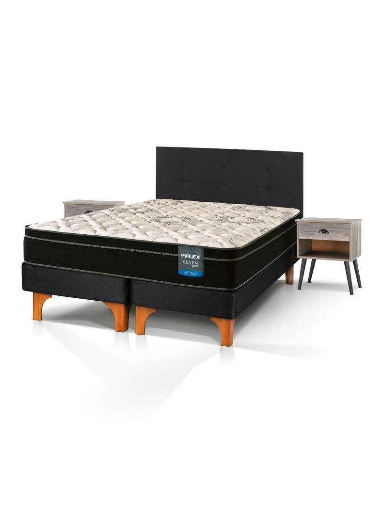 Cama Europea Seven Pro King + Respaldo Royal + Velador Rock