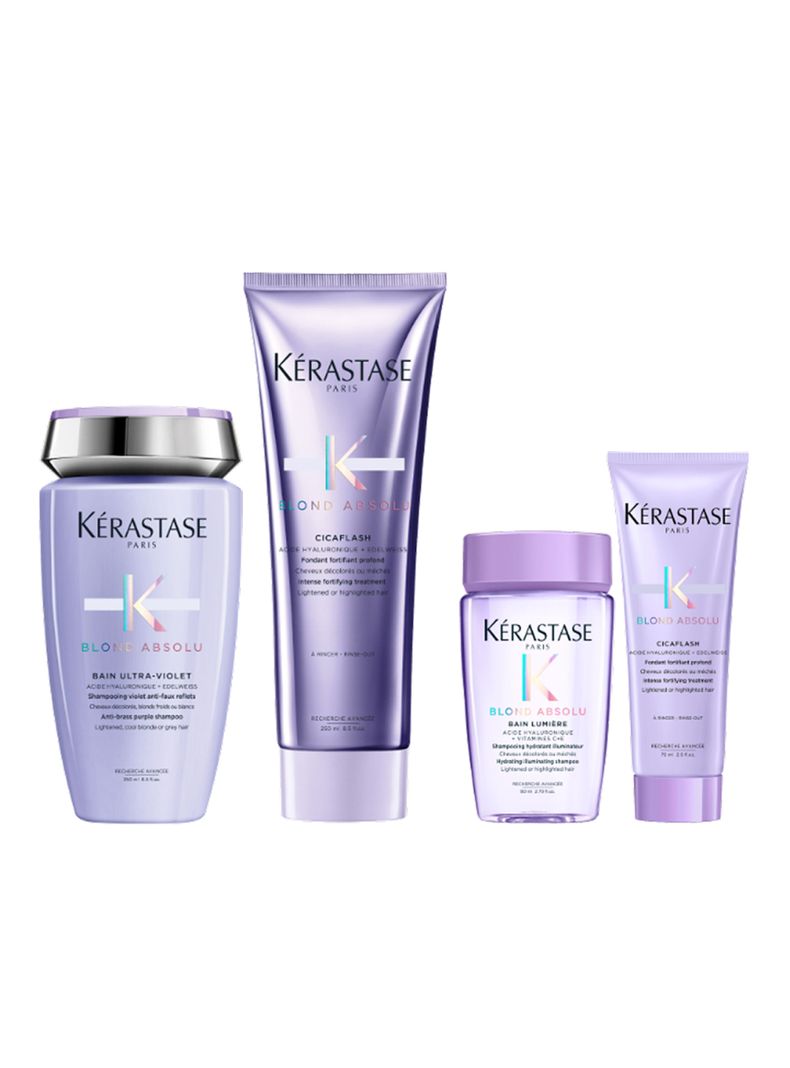 Set Reparación Cabello Rubio o Decolorado Blond Absolu Shampoo 250 ml + Acondicionador 200ml + Shampoo 80ml + Acondicionador 75ml Kérastase