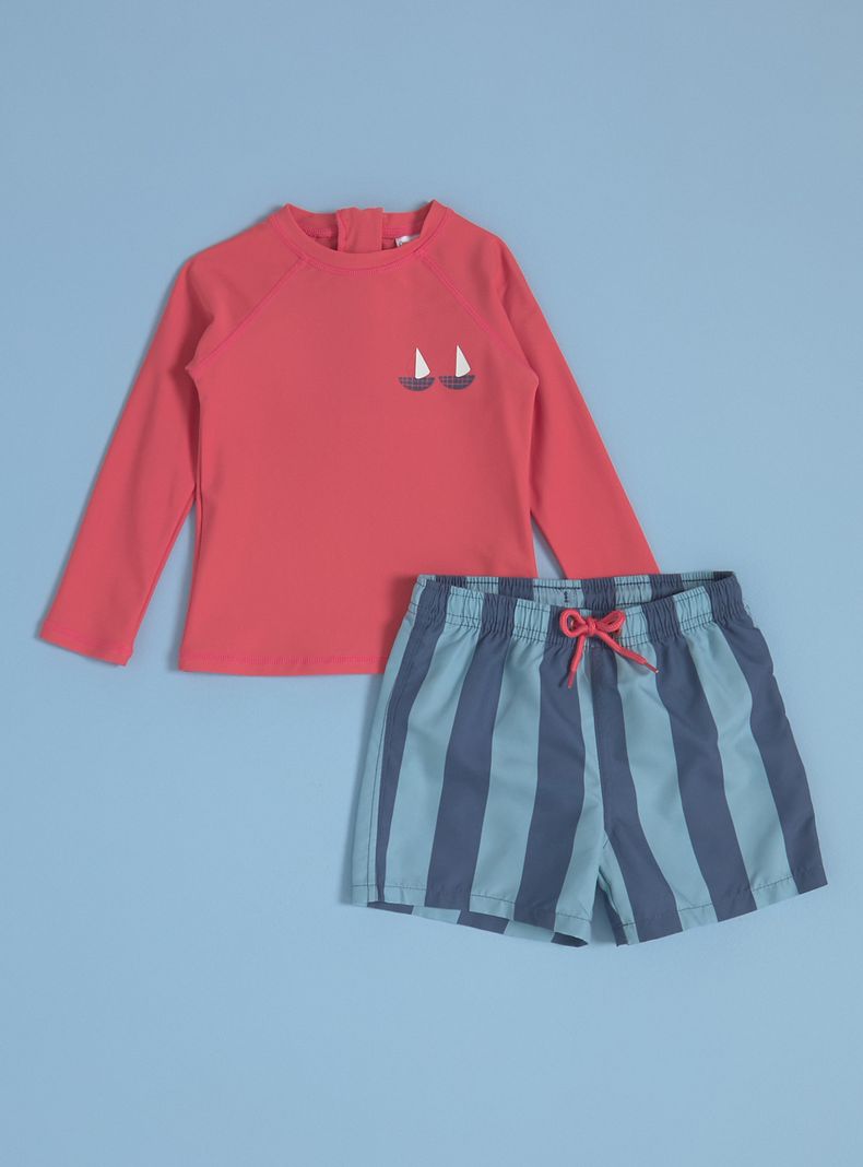 Traje de Baño con Polera Lisa Detalle y Estampado-0