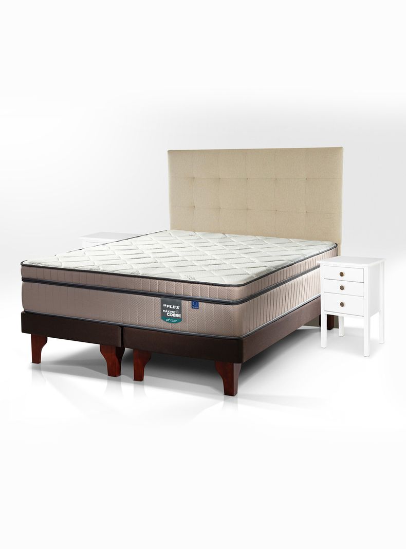 Cama Europea Maximo Cobre 2 Plazas Base Dividida + Respaldo Design Crudo + Velador Roma