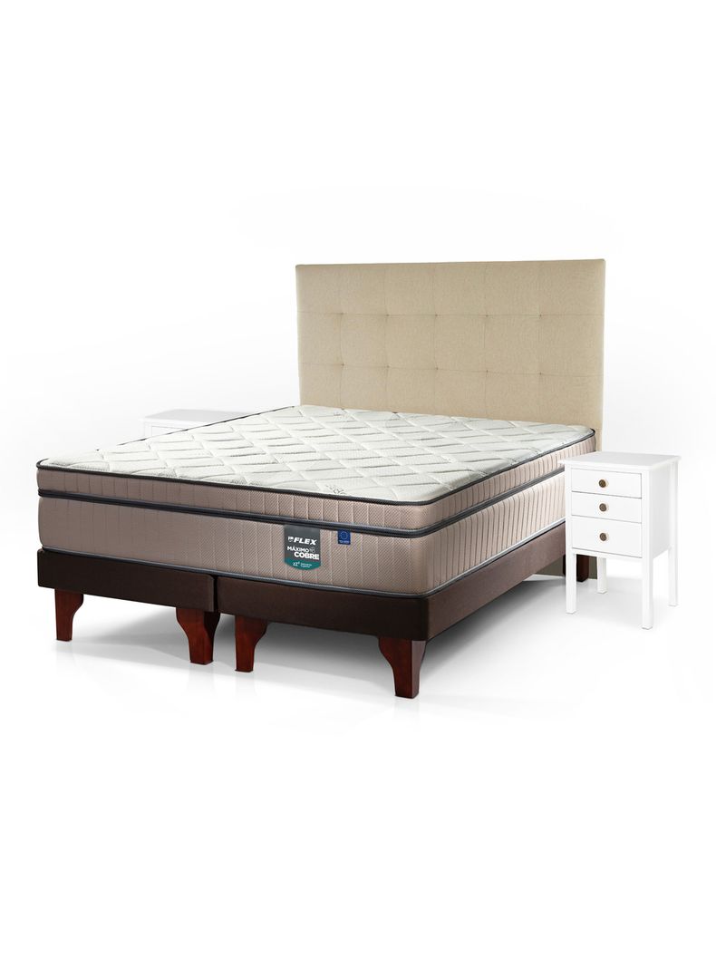 Cama Europea Máximo Cobre 2 Plazas Base Dividida + Respaldo Design Crudo + Velador Roma