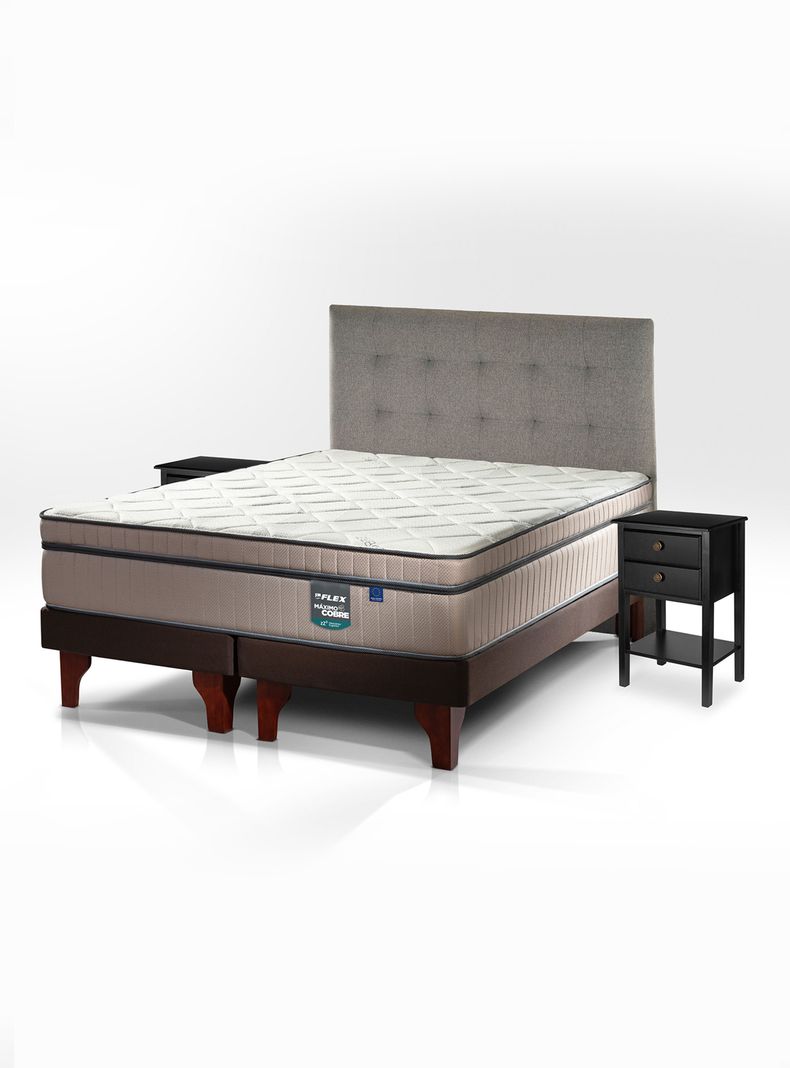Cama Europea Máximo Cobre 2 Plazas Base Dividida + Respaldo Design Gris + Velador Rover