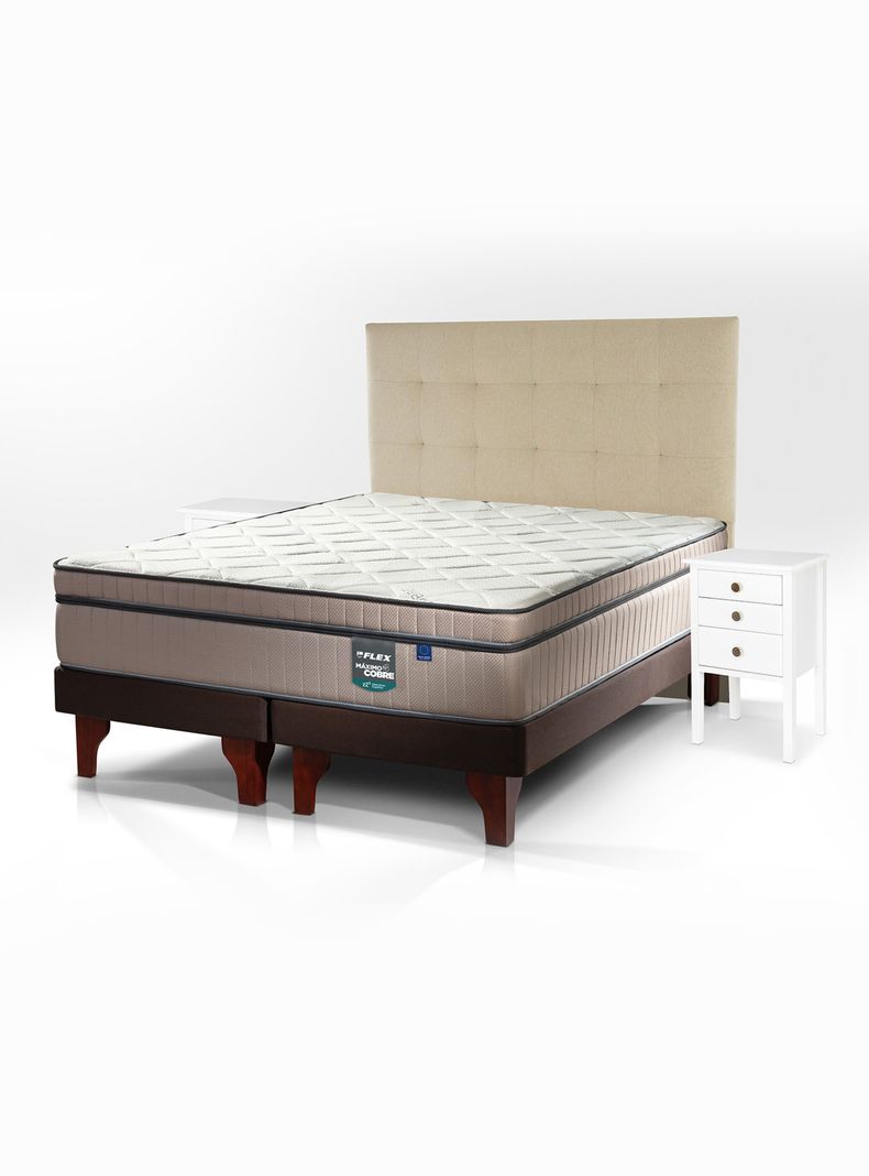 Cama Europea Máximo Cobre Súper King + Respaldo Design Crudo + Velador Roma