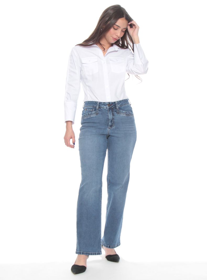 Jeans Recto Tiro Alto Pretina con Tachas en Bolsillos-3