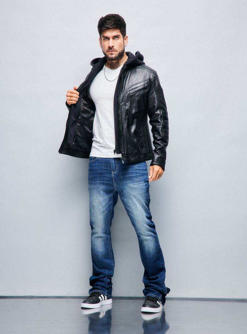 Chaqueta Cuero Real Biker Gorro Desmontable-4