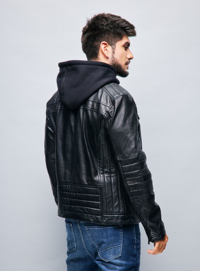 Chaqueta Cuero Real Biker Gorro Desmontable-1